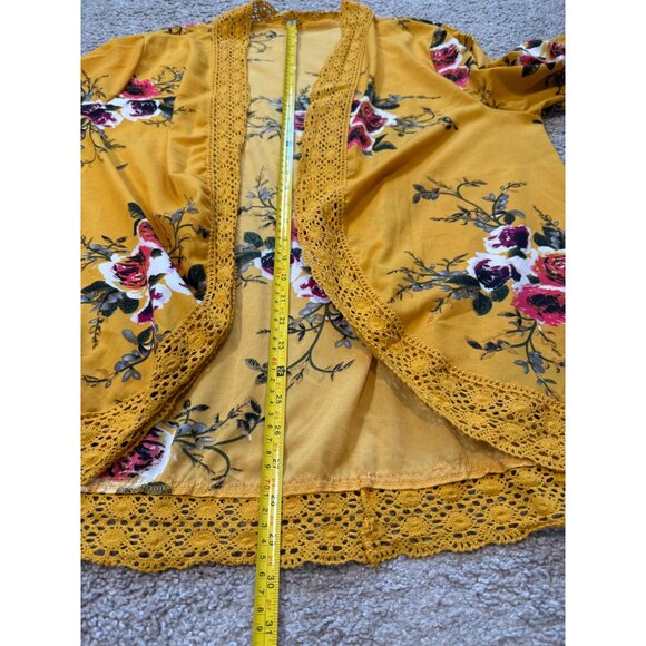 Bohemian Floral Kimono Cardigan 3XL Yellow With Lace Trim Bell Sleeves Boho Bold - Picture 4 of 8